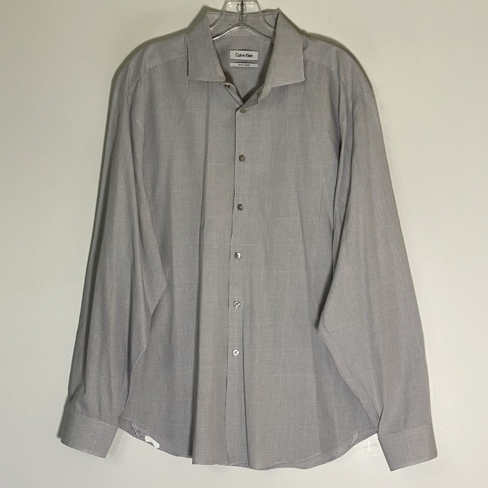 Calvin Klein Shirt Mens XL 17.5 34/35 Gray Slim Fit Stretch Dressy Business Nice